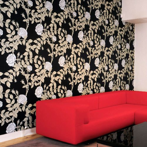Klassische Tapete - MCGEGAN ROSE - Timorous Beasties - Blumenmotiv / schwarz / rot