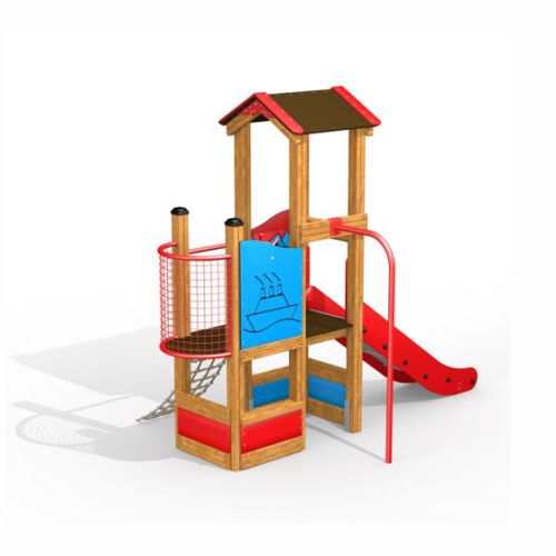 Holz-Spielplatzgerät - DIXIE   - Lars Laj - HDPE / pulverbeschichteter Stahl / mit Rutschbahn