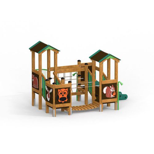 Edelstahl-Spielplatzgerät - FOREST TREEHOUSE    - Lars Laj - HDPE / pulverbeschichteter Stahl / Sperrholz