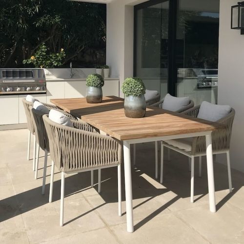 Moderner Esstisch - SIENNA  - G&G Italia Designer Furniture - Teakholz / Gestell aus Aluminium / rechteckig