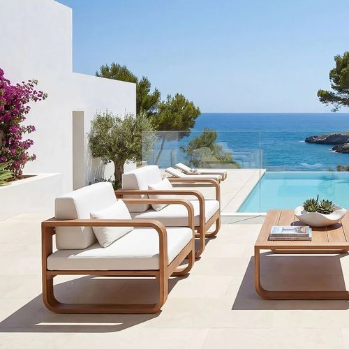 Moderner Sessel - BELLAVISTA - G&G Italia Designer Furniture - wasserbeständiges Gewebe / Teakholz / maßgefertigt