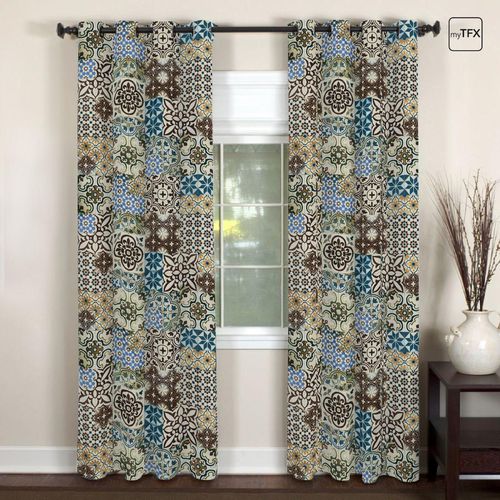 Ösenvorhang - BLUE FAIENCE  - SONOLYS - Blumenmotiv / Polyester