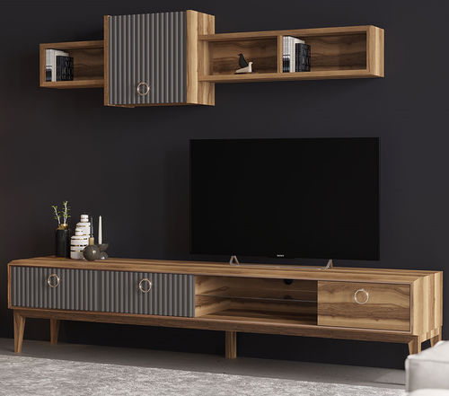 Moderne Wohnwand - SECRET - NDESIGN - Holzfurnier / Metall / mit Regal
