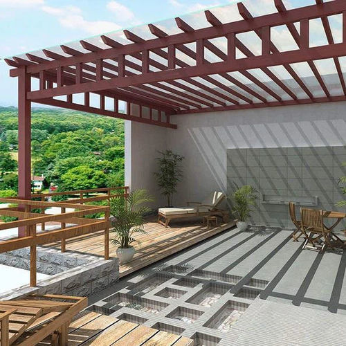 Angebaute Pergola - 3 - Foshan Greenzone - Verbundholz / mit Sonnenschutzlamellen / maßgefertigt