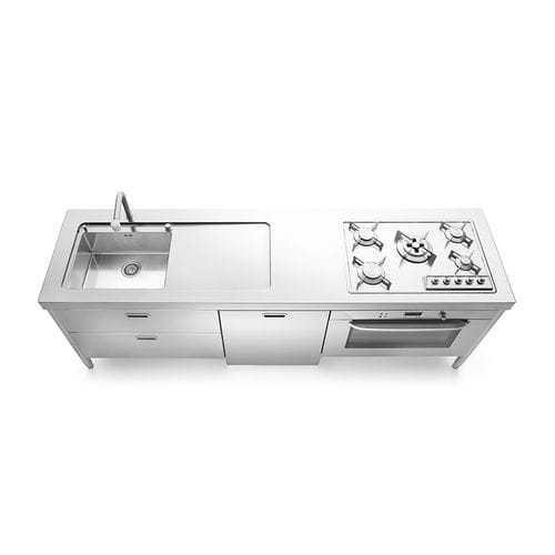 Edelstahl-Küche - LC250-C90+L60+F90/1 - ALPES-INOX - modern / Kochinsel / mit integriertem Griff