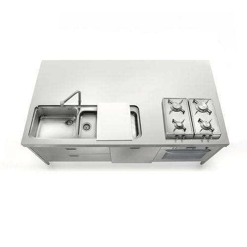 Edelstahl-Kücheninsel - I-LC220-C90+L60+F60/1 - ALPES-INOX - voll ausgestattet / Kochplatte / Gas