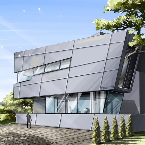 Paneel-Vorhangfassade - PARITET LLC - aus Aluminium und Glas / aus Holz / Ziegel