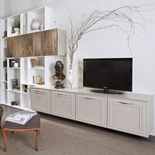 Moderne Wohnwand - Pienza New Classic - ARCARI ARREDAMENTI - lackiertes Holz / mit Regal / mit integriertem Stauraum