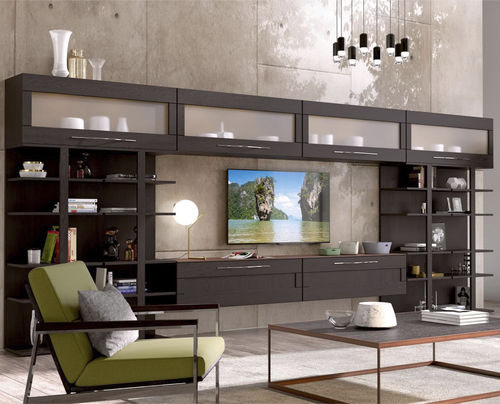 Moderne Wohnwand - Positano  - ARCARI ARREDAMENTI - Nussbaum / hochglanzlackiertes Holz / mit Regal