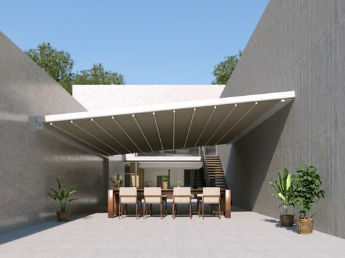 Angebaute Pergola - S-LUXE  - USINE-ONLINE - extrudiertes Aluminium / mit Stoffüberdachung / maßgefertigt