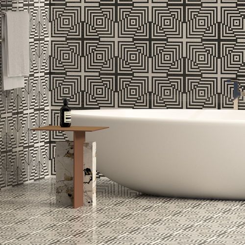 Marmor-Mosaikfliese - OPTIC NERO BIANCO - TESSERE - Lavaoptik / Naturstein / Recycling-Glas