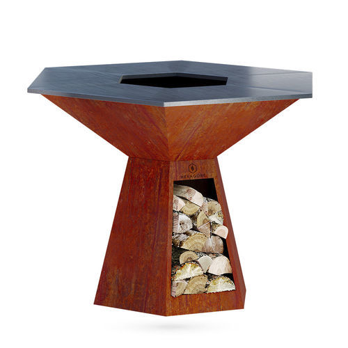 Garten-Feuerstelle / mit Plancha-Grill - Grand banquet|150 - Hexagone - Holz / Stahl / Cortenstahl