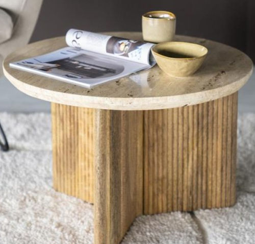 Moderner Couchtisch - SARA - TRUST MOBILIER - Travertin / Gestell aus Holz / rund