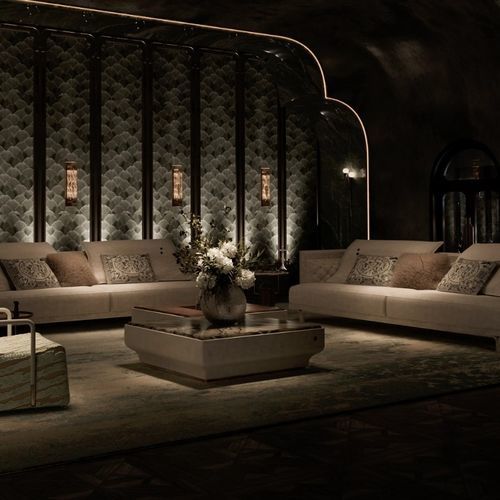 Moderner Couchtisch - SACRED GALLERY GRACE - DASH CASA GROUP CO.LTD - gebürstetes Messing / Holzfurnier / Nussbaum