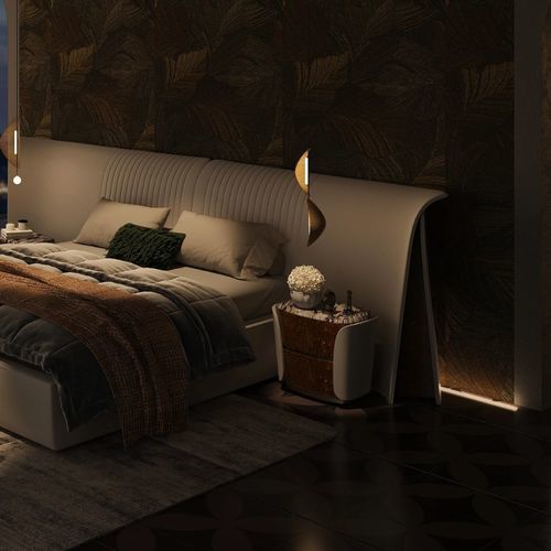 Moderner Nachttisch - SPIRIT AND TRANQUILITY - DASH CASA GROUP CO.LTD - gebürstetes Messing / Holzfurnier / Stoff