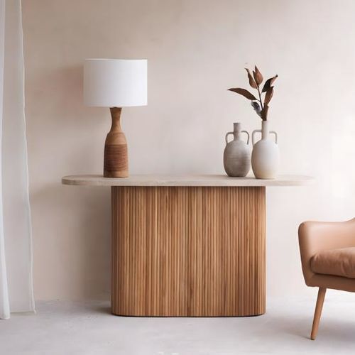 Moderner Konsolentisch - LÉONIE - Maison Jaya - Travertin / Gestell aus Holz / oval