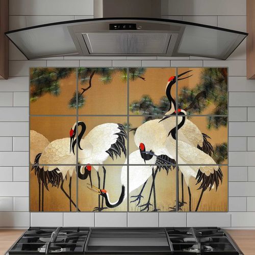 Porzellanfliesen - CHINESE CRANES - Tempera Art Design - bedruckt / für den Innenbereich / Innenbereich