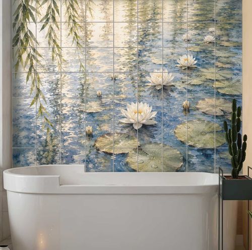 Keramik-Mosaikfliese - WATER LILY POND - Tempera Art Design - in Naturoptik / für den Innenbereich / für Außenbereich