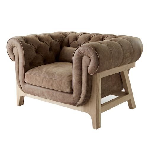Moderner Sessel - COCOON CHESTERFIELD - BLEU NATURE - Leder / Eiche