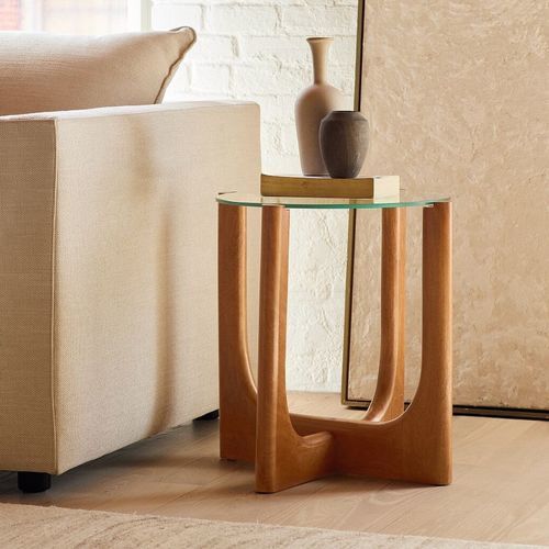Moderner Beistelltisch - Harper - West Elm - Hartglas / Gestell aus Massivholz / rund