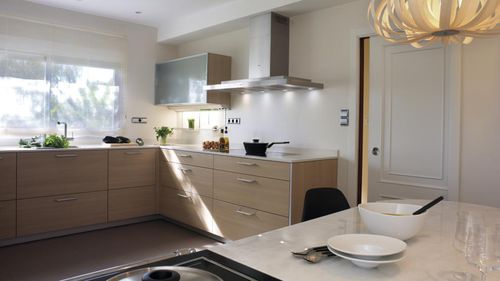 Moderne Küche - ARIANE 2 CHAMPAGNE - SANTOS - Holz / melaminbeschichtet / U-Rohr