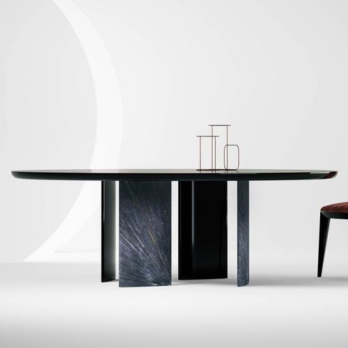 Moderner Tisch - Poe - LAURAMERONI - hochglanzlackiertes Holz / Marmor / Stroh