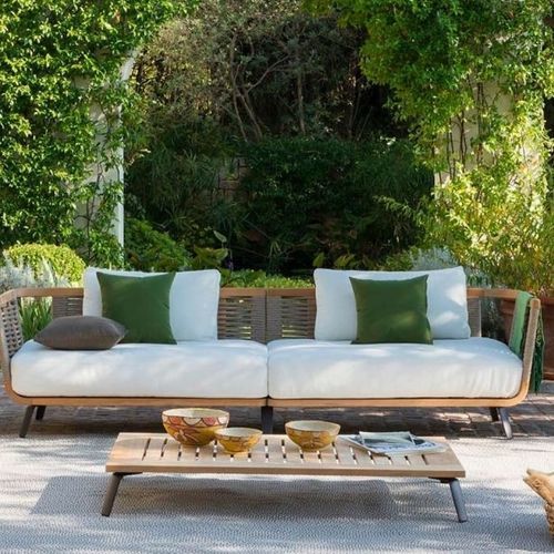 Moderner Couchtisch - WELCOME - Unopiù - Teakholz / Aluminium / Kordel