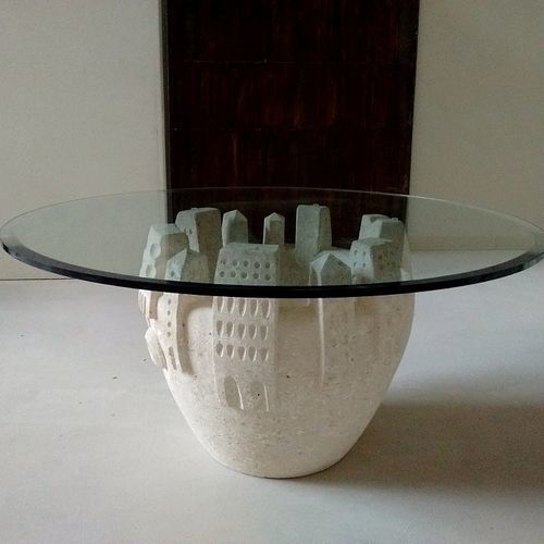 Moderner Couchtisch - Gaia  - stonebreakers - Glas / Gestell aus Stein / rund