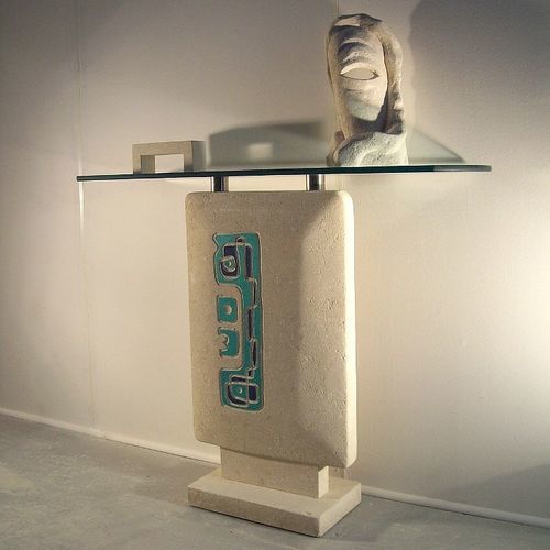 Moderner Konsolentisch - ’70 - stonebreakers - Glas / Gestell aus Stein / oval