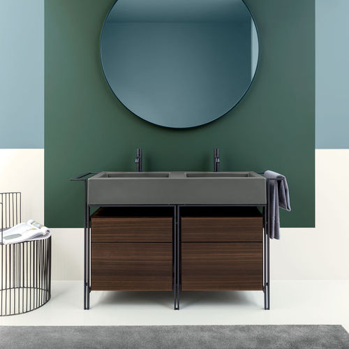Doppelter Waschtisch-Unterschrank - NARCISO DOPPIO - CEMENTO  MATT BLACK  EUCALIPTO - Ceramica Cielo - freistehend / Holz / Keramik