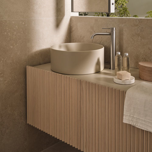 Wandhängender Waschtisch-Unterschrank - Delfo Piano 373 - Ceramica Cielo - Eiche / Keramik / modern