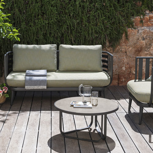 Moderner Couchtisch - THEA 009 - RODA - Glas / Sandstein / Gestell aus lackiertem Aluminium