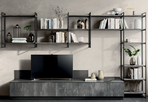 Moderne Wohnwand - LIVING MOOD - SCAVOLINI - lackiertes Holz / lackiertes Glas / Blech