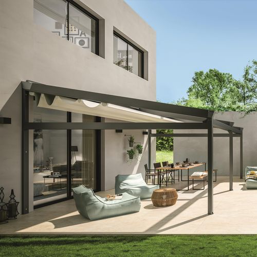 Angebaute Pergola - PERGOTENDA® B-SPACE - Corradi - Aluminium / Faltdach / maßgefertigt