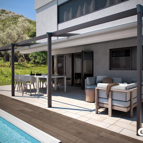Angebaute Pergola - PERGOTENDA® PALLADIA® - Corradi - Aluminium / Edelstahl / Faltdach