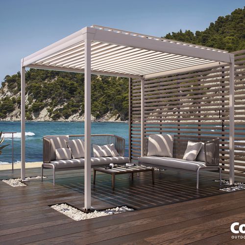 Selbsttragende Pergola - ETERIA - Corradi - angebaut / Aluminium / mit orientierbaren Lamellen
