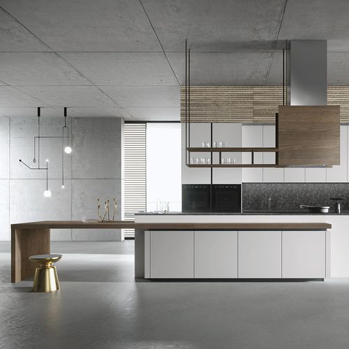 Moderne Küche - Look - SNAIDERO RINO SPA - Holzfurnier / Rauchglas / Aluminium