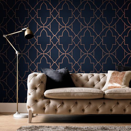 Tapete / originelles Design - VERSAILLES NAVY - Graham & Brown - mit geometrischen Motiven / Stoffoptik / blau
