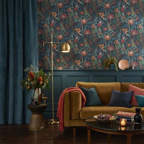 Moderne Tapete - TIGERLILY MIDNIGHT  - Graham & Brown - Blumenmotiv / Stoffoptik / mehrfarbig