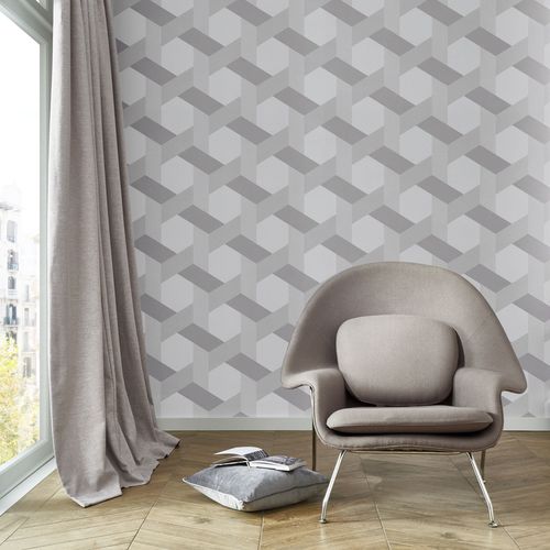 Moderne Tapete - FRACTAL GREY - Graham & Brown - mit geometrischen Motiven / Stoffoptik / grau