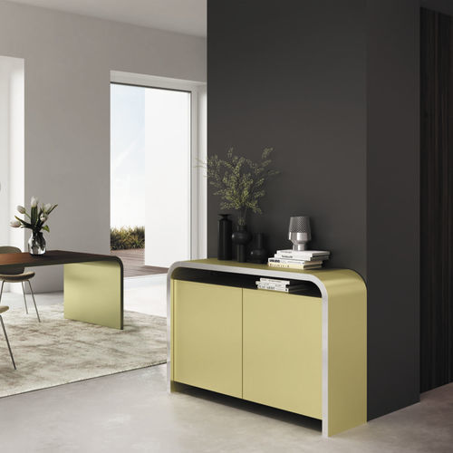 Modernes Sideboard - S 14 - Müller - polierter Edelstahl / Holzfurnier / amerikanischer Nussbaum