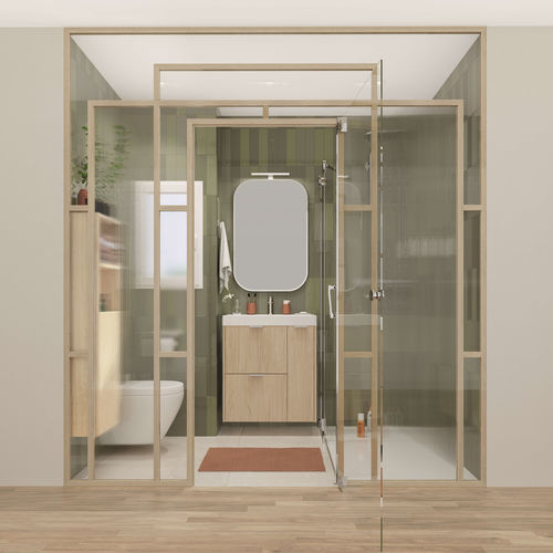 Modernes Badezimmer - OPTIMISE Silia chêne du désert structuré - Delpha - Eiche sandfarben / Keramik / maßgefertigt