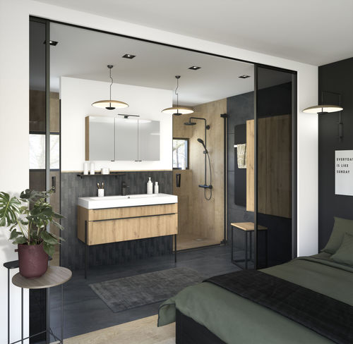 Modernes Badezimmer - INSPIRATION Fusain Chêne ambré structuré - Delpha - Eiche / Keramik / maßgefertigt