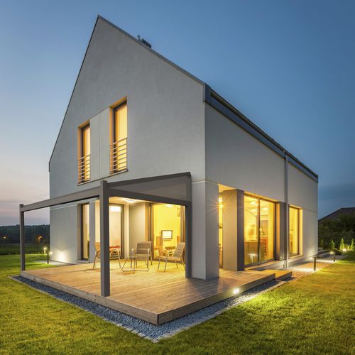 Selbsttragende Pergola - LAPURE - RENSON - angebaut / Aluminium / mit Stoffüberdachung