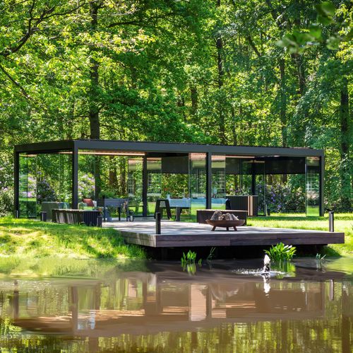 Selbsttragende Pergola - CAMARGUE® SKYE® - RENSON - Aluminium / mit orientierbaren Lamellen / Faltdach