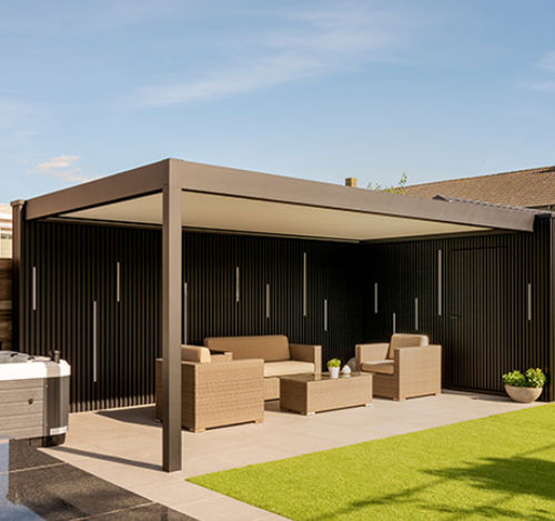 Angebaute Pergola - AERO® CANVAS  - RENSON - Metall / abperlendes Gewebe / mit Stoffüberdachung