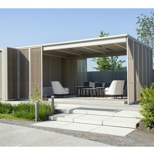 Angebaute Pergola - AMANI®   - RENSON - Aluminium / mit festen Lamellen / motorisiert