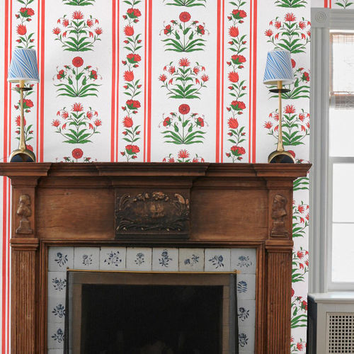 Klassische Tapete - POPPY  - F. SCHUMACHER & CO. - Blumenmotiv / Streifenmuster / Stoffoptik