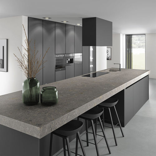 Feinsteinzeug-Arbeitsplatte - METEORA iTOP GRIS BUSH-HAMMERED - INALCO - für Außenbereich / grau / mit rechteckigen Kanten