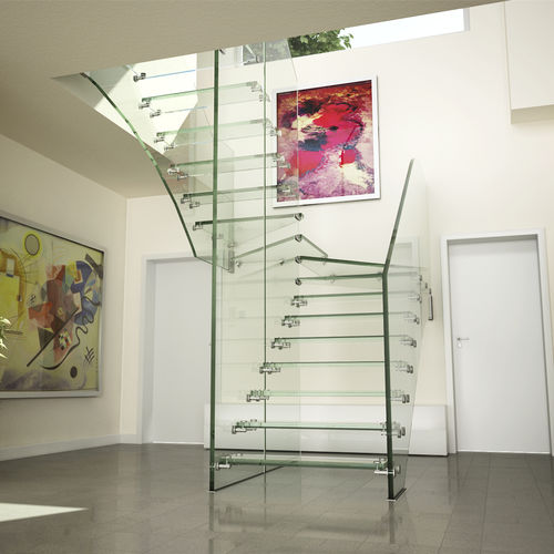 Gerade Treppe - MISTRAL ALL GLASS - Siller Stairs - halbgewendelt / Glasstufen / mit Glasstruktur